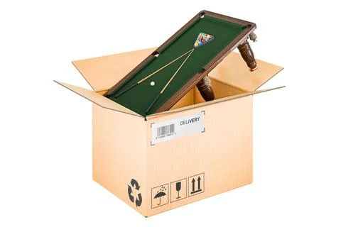 Billiard table inside cardboard box, delivery concept, 3D rendering Stock Illustration