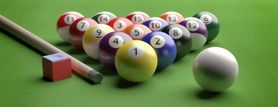 Billiard table, pool balls set in a triangle shape on green felt, banner, clo Illustrazione stock