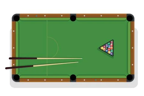 Billiard table, pool stick and billiard balls for game. Pool table with triangle Illustrazione stock