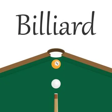 Billiard table top view with cue stick cue ball and number five orange ball. Stock Illustration