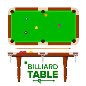 Billiard Table Vector. Top, Side View. Green Classic Pool, snooker Table Stock Illustration