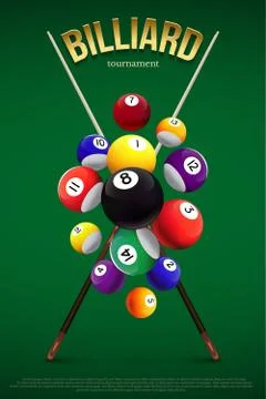 Billiard tournament poster template. Different falling billiard balls and two Stock Illustration