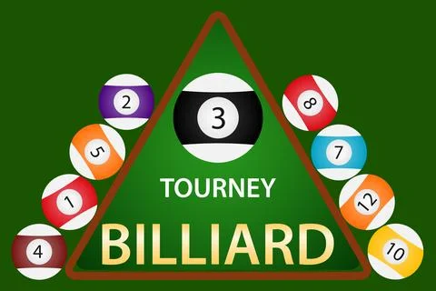 Billiard tourney emblem with triangle rack and colorful numbered pool balls. Stock Illustration