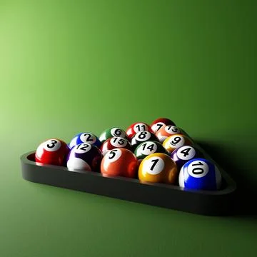 Billiards balls neatly arranged in a triangular rack on a green felt surface Stock Illustration