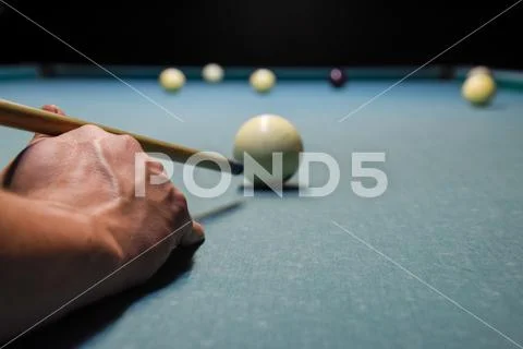 Billiards, billiard table. Targeting the cue in the ball for imp Stock Photos