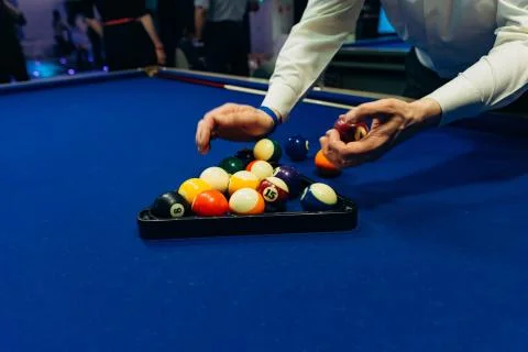 Billiards blue table balls cue game sport Stock Photos