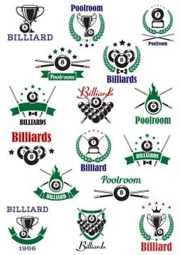Billiards emblems with game equipments and heraldic elements Stock Illustration