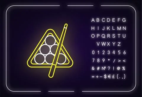 Billiards neon light icon. Outer glowing effect. Sign with alphabet, numbers and Illustrazione stock