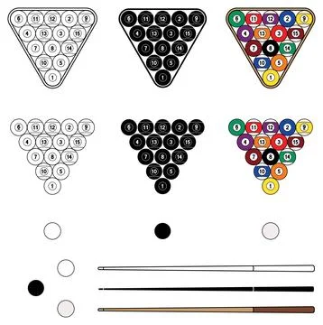Billiards Pool Rack with White Ball &amp; Cue Clipart - Outline, Silhouette &amp; Color Stock Illustration