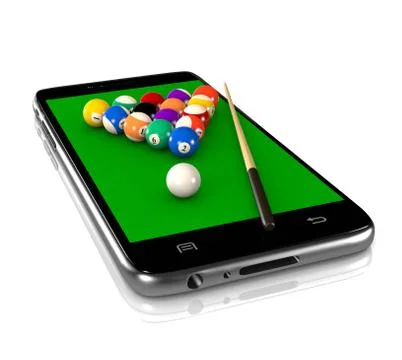 Billiards Table with Balls and Cue on Smartphone Display 3D Illustration on W 스톡 일러스트