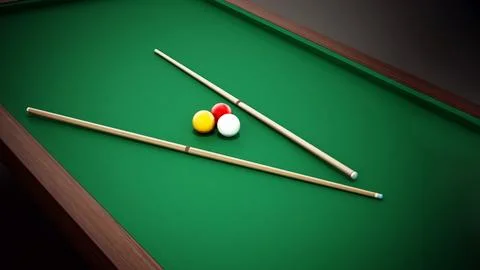 Billiards table, balls and cue. 3D illustration Stock Illustration