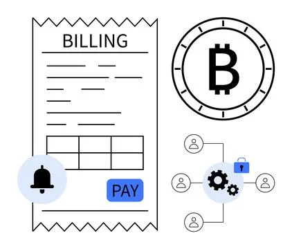 Billing Concept with Cryptocurrency, Notification, and Security Elements Stock Illustration