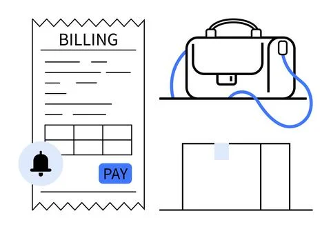 Billing receipt labeled Billing with payment button, a bag on a shelf, and a  Illustrazione stock