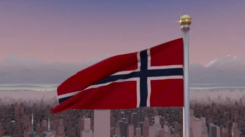 Billowing Norwegian flag catching wind gusts, folding and stretching above dense Stock Footage 337944131