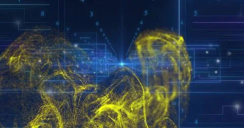 Billowing yellow particle cloud streaming to glowing blue light in data tunnel Stock Illustration