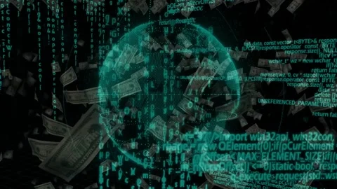 On bills drifting in, teal globe rotating with code streams cascading, Stock Footage 328656809