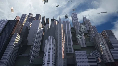 Bills falling from skyscrapers 3D animation Stock Footage 105829220