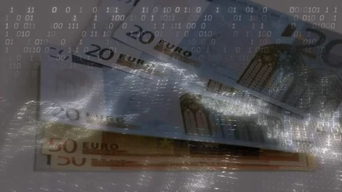 Bills on table, light ripple showing 50 note, binary code growing, face 動画素材 330393211