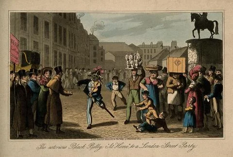 Billy Waters, a one legged busker, in a crowded London street. Coloured aqu.. Stock Illustration