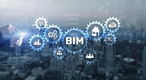 BIM Building Information modeling engineering software system. Mixed media Stockfoto's