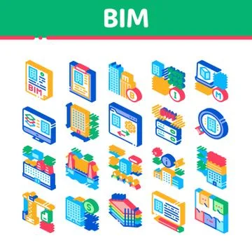 Bim Building Information Modeling Isometric Icons Set Vector Ilustración de archivo