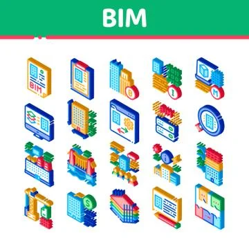 Bim Building Information Modeling Isometric Icons Set Vector Ilustración de archivo