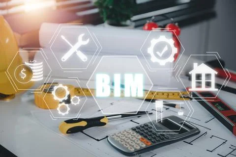 BIM Building Information Modeling Technology concept, Engineer office desk .. Stock Photos