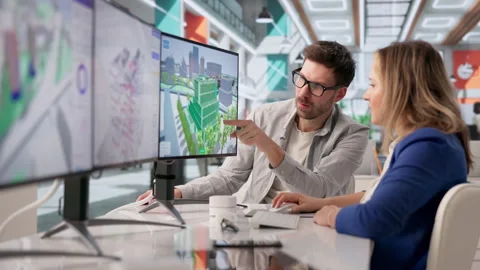 BIM Engineer Reviews 3D Twin Model On Computer Stock Footage 331154790