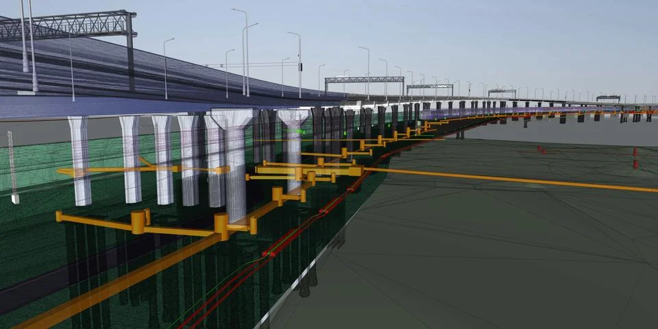 The BIM model of the object of transport infrastructure of wireframe view Stock Illustration