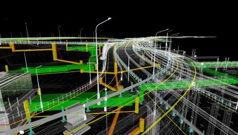The BIM model of the object of transport infrastructure of wireframe view Stock Illustration