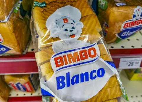 Bimbo toast white bread packaging in the supermarket in Mexico. Stock Photos