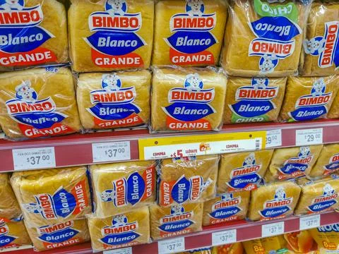 Bimbo toast white bread packaging in the supermarket in Mexico. Stock Photos