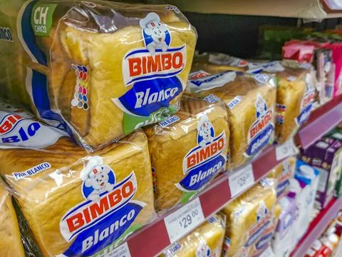 Bimbo toast white bread packaging in the supermarket in Mexico. Stock Photos