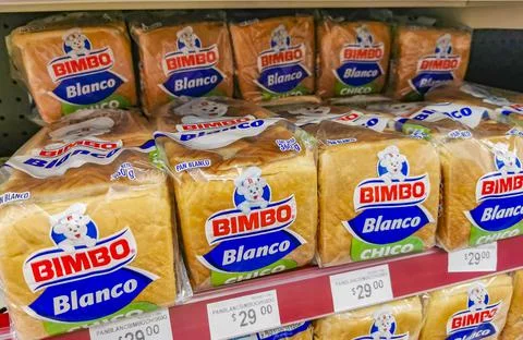 Bimbo white toast bread packaging in the supermarket in Mexico. Stock Photos