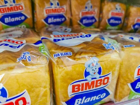 Bimbo white toast bread packaging in the supermarket in Mexico. Stock Photos