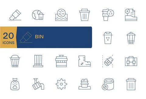 Bin Design Vector Icons featuring 20 Grid Fitted Thin Line Style Stock Illustration