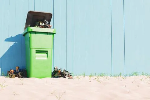 Bin with garbage on beach Stock Illustration