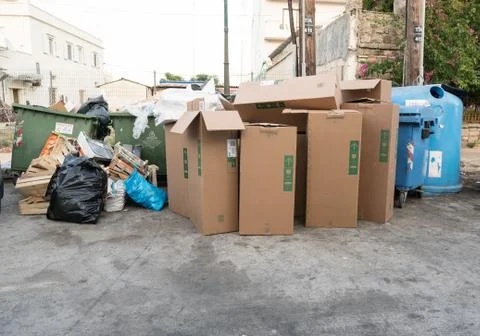 Bin, garbage is pile lots dump, many garbage plastic bags black waste at walk Stock Photos