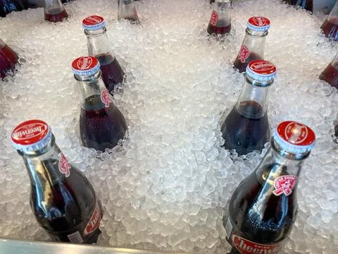 A bin of iced down Cheerwine soft drink Stock Photos
