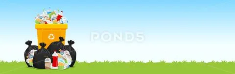 Bin, lots of garbage bags plastic waste at grass floor, many trash bag plasti Stock Illustration