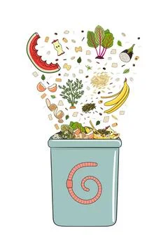 Bin for vermicomposting with falling kitchen scraps, fruits and vegetables... Stock Illustration