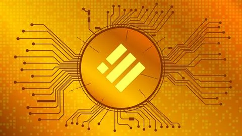 Binance USD BUSD cryptocurrency token symbol in circle with PCB tracks on gold Stock Illustration