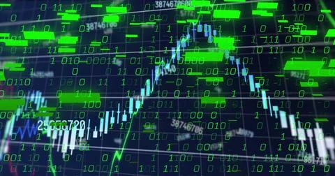 Binary and data processing on black background Foto stock