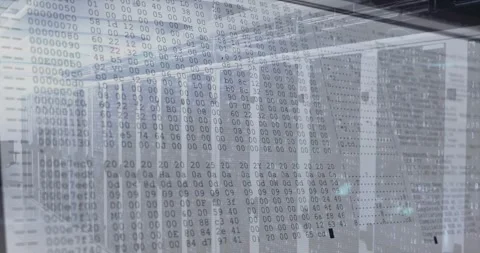 Binary and hex code overlay appearing over server racks while camera panning Stock Footage 317185672