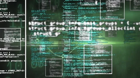 Binary backdrop initiating code windows floating while nodes forming flowchart Stock Footage 317741644