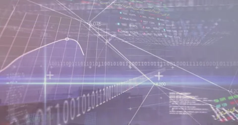 Binary backdrop initiating crosshair grid forming, graph updating data values, Stock Footage 314687313