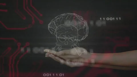 Binary backdrop, skull pulsing initiating hands lifting rotating brain hologram Stock Footage 313494153