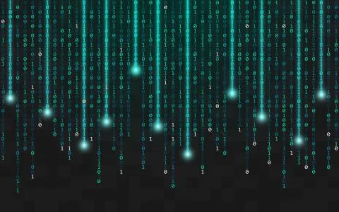 Binary background. Running bright code with lights. Falling digits on dark Stock Illustration