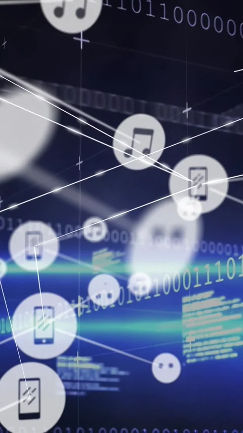 Binary bands blue streak sparking nodes, phone music icons linking forming IT Stock Footage 330720743