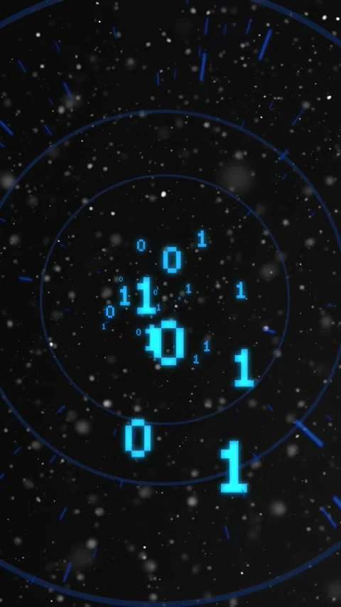 Binary bits orbiting black backdrop, radial rings pulsing driving vortex forming Stock Footage 330332438